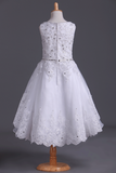 2024 Bateau A Line Flower Girl Dresses With Applique & Beads Tulle