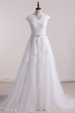 2024 A Line V Neck With Applique Wedding Dresses Tulle Court Train