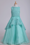 2024 Bateau A Line Flower Girl Dresses With Applique & Beads Tulle Mint