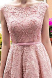 2024 Bateau A-Line Lace Prom Dresses Tea Length With Applique And Belt