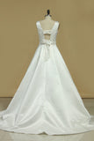 2024 A Line Scoop Beaded Waistline Wedding Dresses Satin With Bow Knot Court Train