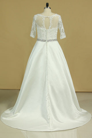 2024 Plus Size Mid-Length Sleeve Wedding Dresses Scoop Satin With Applique