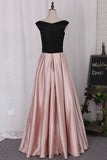 2024 New Prom Dress A Line Boat Neckline Floor-Length Satin With Beaded Waist Line