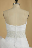 2024 A Line Wedding Dress Sweetheart Ruffles Court Train Beaded Belt Covered Buttons