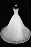 2024 A Line Wedding Dresses Scoop Tulle With Applique And Beads Lace Up