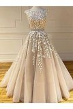 Backless Prom Dresses Appliques Lace Up Back Sweep Train