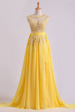 2024 Enchanted Bateau A-Line Court Train Prom Dresses With Applique & Bow-Knot Daffodil