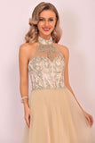 2024 A-Line Halter Prom Dress Floor-Length Tulle With Beads&Rhinestones