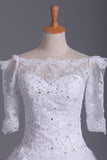 2024 Mid-Length Sleeves Boat Neck Wedding Dresses A Line Tulle With Applique And Beads