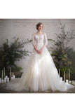 Romantic 3/4 Sleeves Illusion Neckline Appliques Wedding Dresses