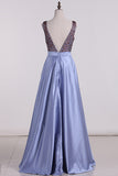 2024 A-Line Prom Dresses Beaded Bodice Satin A Line Open Back