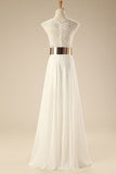 Deep V Neck Cap Sleeves White Chiffon Gold Belt Summer Beach Wedding Dresses