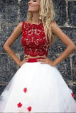 A-Line Applique White Light Long Bateau Sleeveless Two Piece lace Prom Dresses