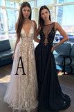 A Line V Neck Appliques Long Prom Dress V-neck Sexy Evening Party Dresses