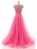 A-line Round Neck Beading Tulle Long Prom Dresses Evening Dresses