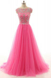 A-line Round Neck Beading Tulle Long Prom Dresses Evening Dresses