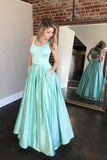 Mint Green Simple A-Line Satin Beaded Pockets Cut Back Long Prom Dresses