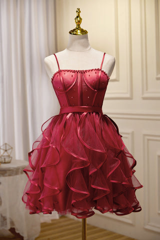 Unique Burgundy Spaghetti Straps Beading Tulle Short Homecoming Dresses