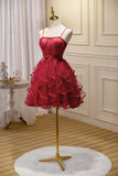 Unique Burgundy Spaghetti Straps Beading Tulle Short Homecoming Dresses