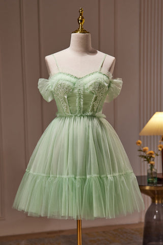 Green Beading Spaghetti Straps Tulle Short Homecoming Dresses