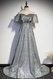 Pretty Silver Off The Shoulder Long A-line Prom Dresses For Teens