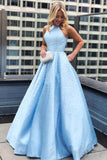 Light Blue Beading Halter Long A-line Elegant Prom Dresses For Teens