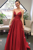 Spaghetti Straps A-line Burgundy Prom Dresses Simple Prom Gowns