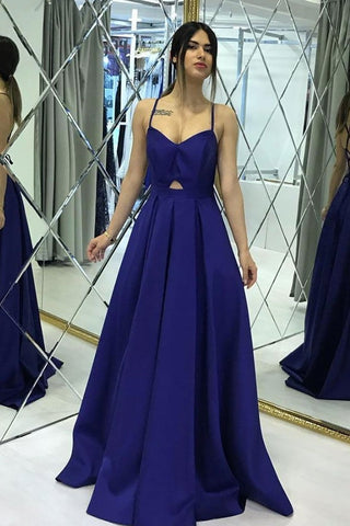 Spaghetti Straps Backless Simple A-line Long Blue Party Prom Dresses For Teens