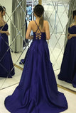 Spaghetti Straps Backless Simple A-line Long Blue Party Prom Dresses For Teens