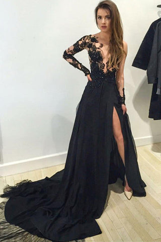 Sexy Deep V Neck Long Sleeves Sweep Train Side Slit Prom Dresses