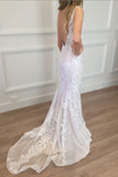 V Neck Sheath Floor Length Lace Appliques V Back Beach Wedding Dresses