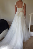 Simple Queen Ann A Line Sweep Train Layers Tulle Floral Mid Back Wedding Dresses