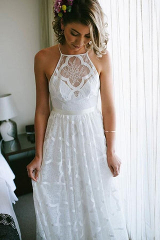 Charming Halter Sleeveless Lace A Line Backless Beach Wedding Dresses