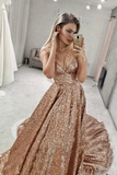 Sparkly A-line Straps V Neck Sequin Long Prom Dresses