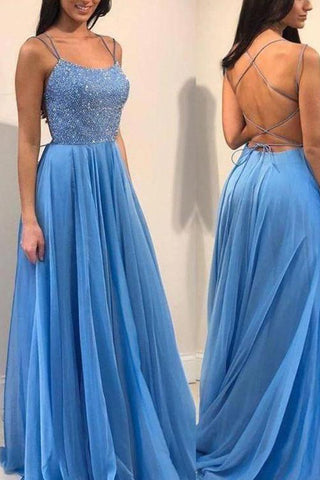 Blue A-line Spaghetti Straps Beading Backless Long Prom Dresses