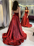 Chic Sleeveless Burgundy A-line Spaghetti Straps Long Prom Dresses