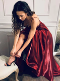 Chic Sleeveless Burgundy A-line Spaghetti Straps Long Prom Dresses