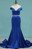 2024 Prom Dresses Off The Shoulder Beaded Waistline Spandex Sweep Train