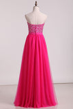 2024 Sweetheart A-Line Tulle Prom Gown Beaded Bodice With Ribbon Floor-Length