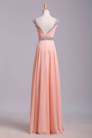 Simple Prom Dresses With Cap Sleeves A-Line V-Neck Floor-Length Chiffon Zipper Back