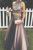 2 Pieces Long Black And Pink Modest Beading A-Line Prom Dresses