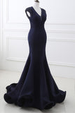 2024 Mermaid V Neck Satin Evening Dresses With Beading Sweep Train