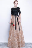 2024 Black Prom Dresses A-Line Half Sleeve Long Prom Dress Sexy Evening Dress