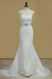 2024 Scoop Cap Sleeves Mermaid Wedding Dresses Beaded Waistband Lace