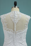 2024 Wedding Dresses A-Line High Neck Court Train Satin With Applique Covered Buttons