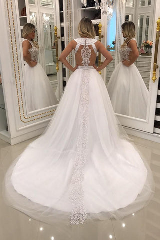 2024 A Line Scoop Wedding Dresses Tulle With Applique And Beads Court Train