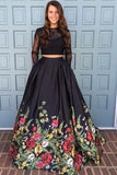 Pretty 2 Pieces Long Sleeves Open Back Black Lace Satin Prom Dresss