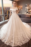 Gorgeous Off The Shoulder Lace Cathedral Train Wedding Dresses, Princess Bridal Dresses