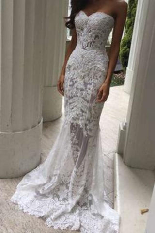 2024 Hot Selling Sweetheart Wedding Dresses Sheath With Applique And Beads Sweep Train