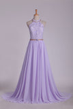 2024 Prom Dresses A Line Halter Chiffon & Lace With Beading Sweep Train Open Back